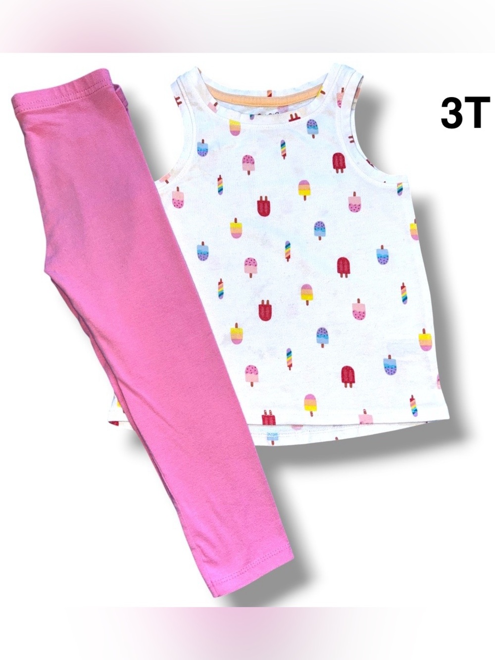 Girls Ice Cream Print Tank Top & Pink Leggings Outfit size 3T (play condition)